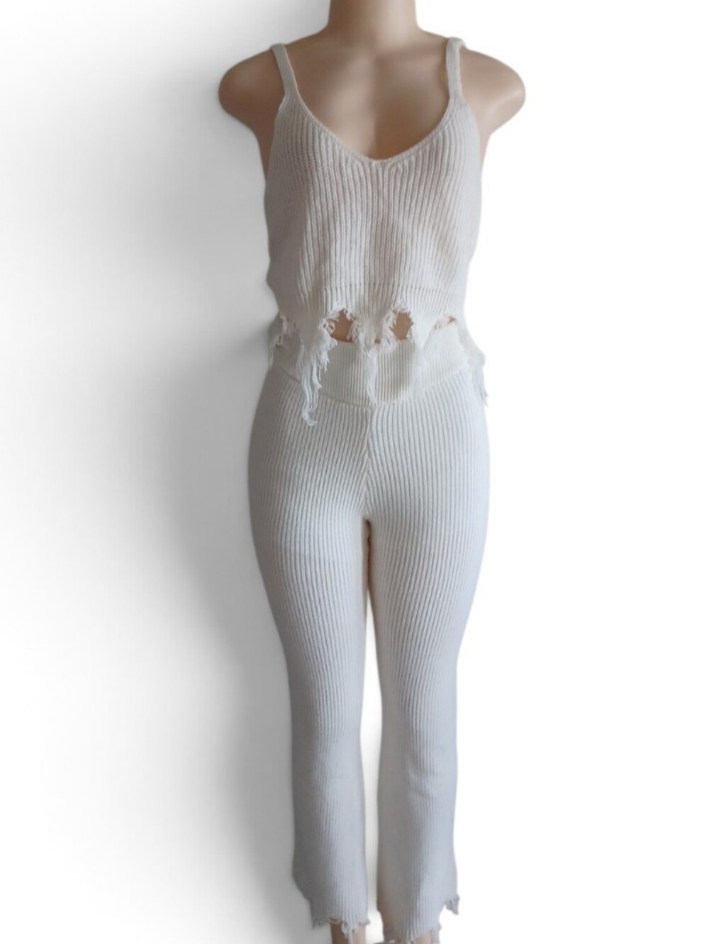 SHEIN Cream Ribbed Distressed Knit Jumpsuit